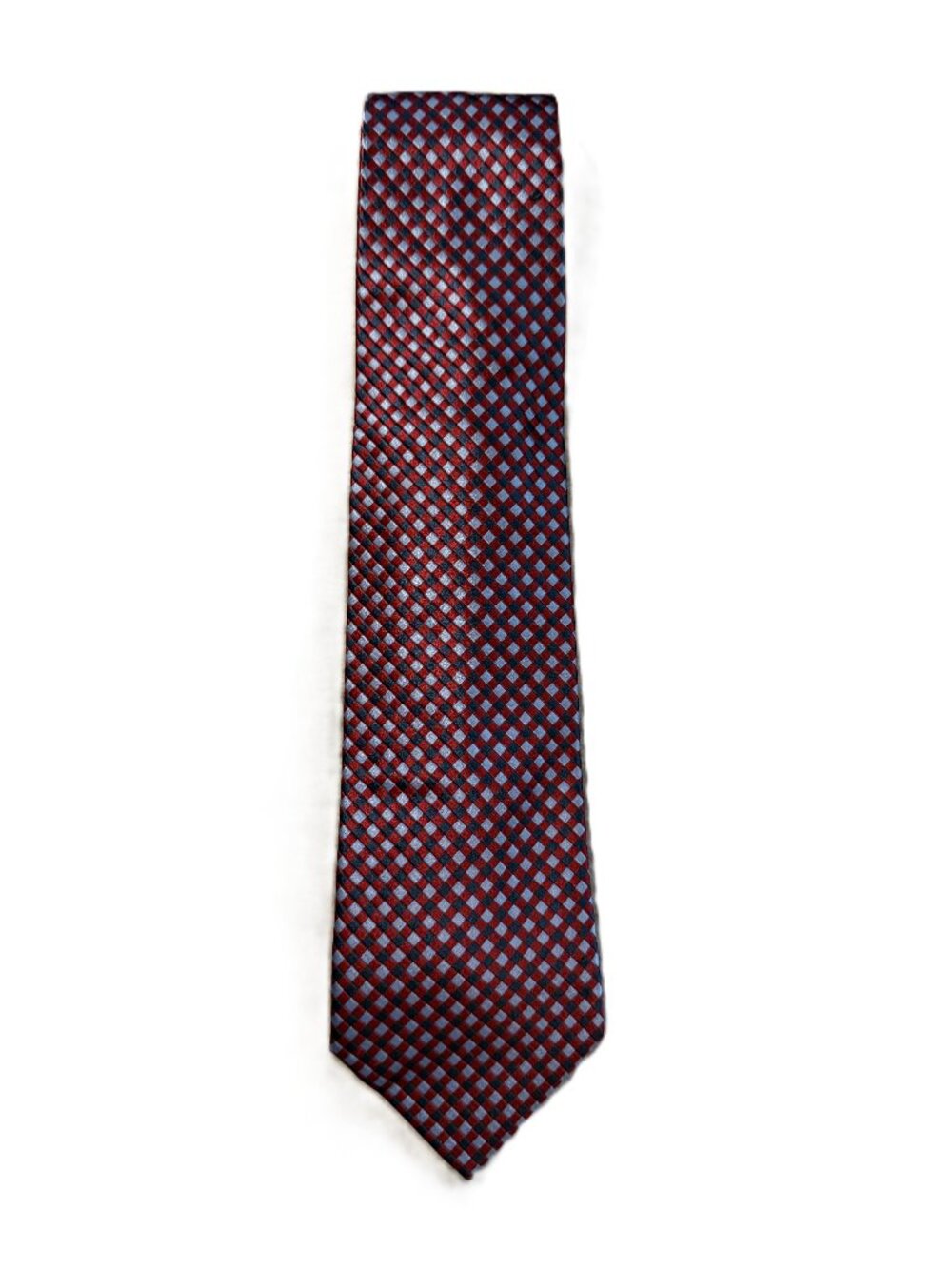 Joseph & Feiss 100% Silk Tie – (Red, Blue & Silver Checkered Geometric)